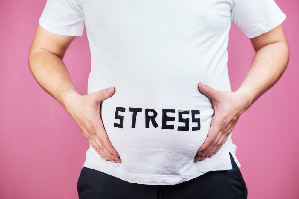 A person stands against a pink background, holding their stomach while wearing a white shirt with the word "STRESS" prominently displayed across their belly.
