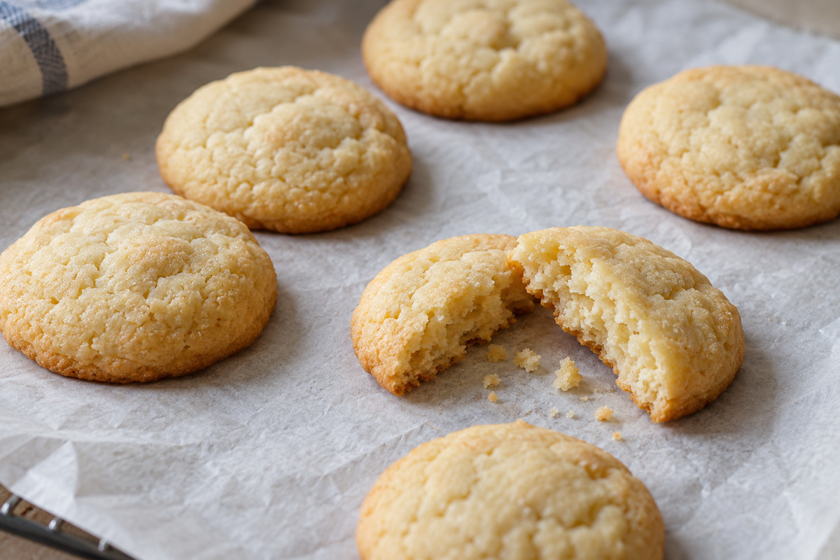 Plain golden drop cookies cooling on parchment, with one cookie broken open.