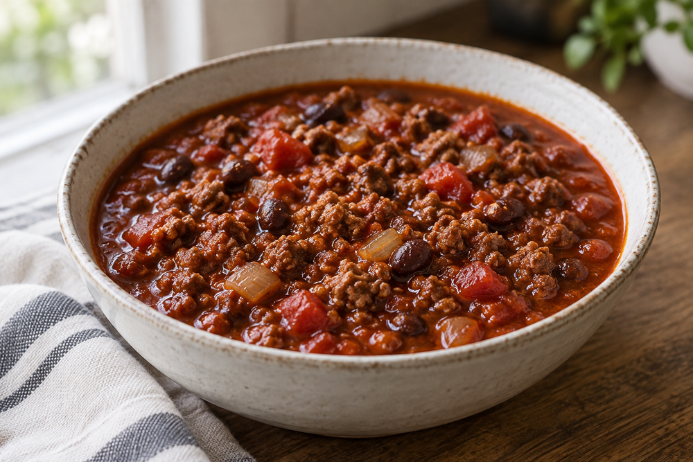 Texas beef and tomato chili with onion and black soy beans.