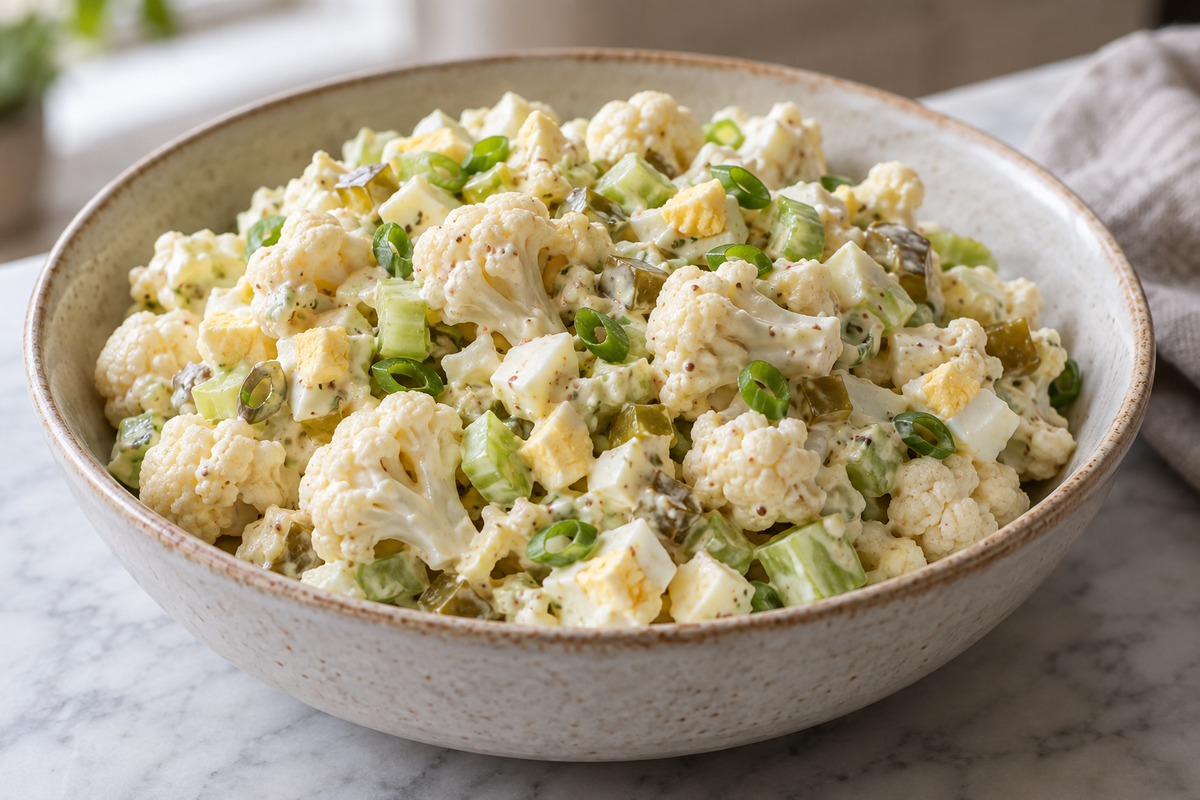 Cauliflower salad with hard-boiled eggs, scallions and creamy dressing.