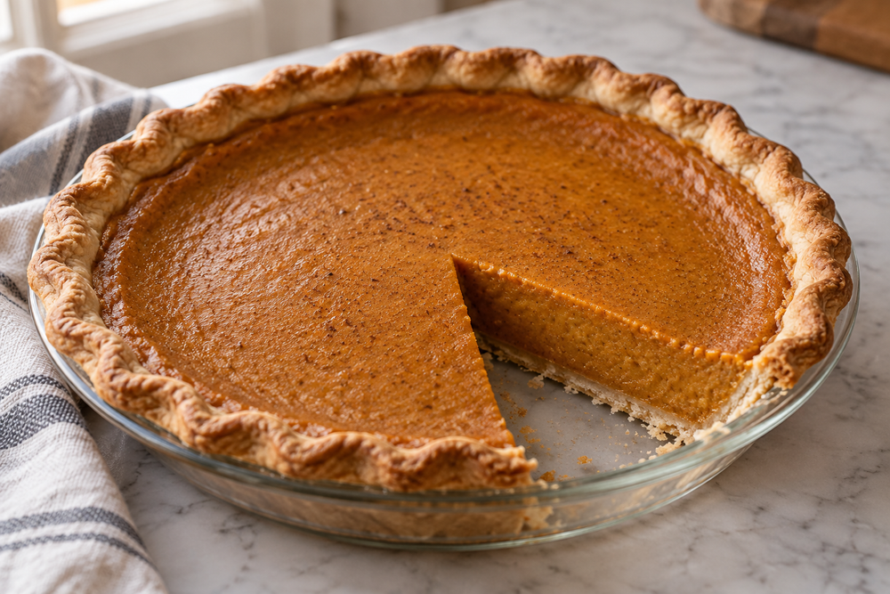Traditional pumpkin pie with a slice cut from the crust.