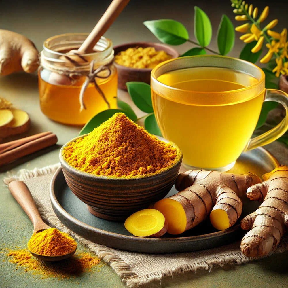 A bowl of vibrant yellow turmeric powder sits next to fresh turmeric roots, a cup of golden turmeric tea, a jar of honey, and green leaves on a textured surface, highlighting the health benefits of turmeric.