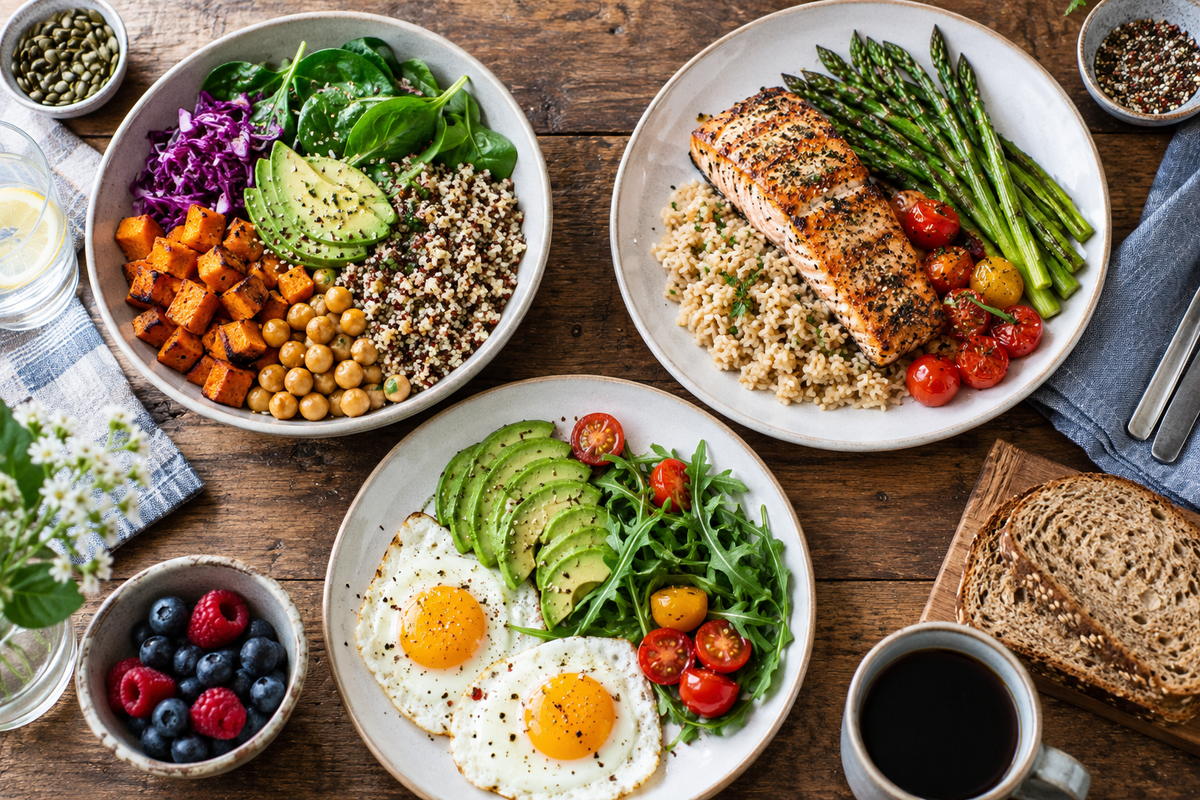Three plates showing vegetables and grains, salmon with vegetables, and eggs with avocado