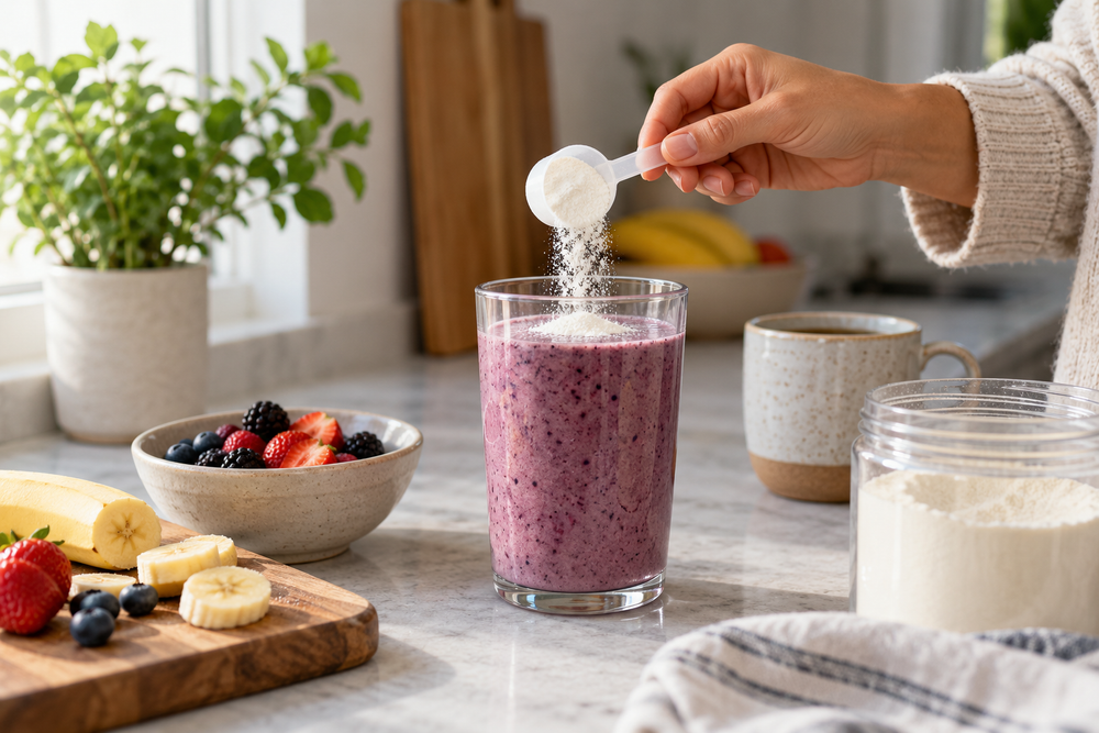 Hand adding a scoop of powder to a berry smoothie