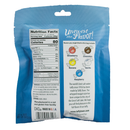 A blue bag of saltwater taffy displays nutrition facts, serving size, and flavor options like strawberry and chocolate, along with a message promoting the product's unique history and quality.