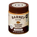 A jar of Barney Butter chocolate almond butter blend, featuring a brown lid and a label that highlights its peanut-free production and premium texture, sits against a plain background.