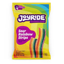 A colorful package of Joyride Sour Rainbow Strips candy features soft, chewy strips in vibrant colors against a bright yellow background, highlighting its low sugar content and natural flavors.