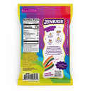 A colorful snack bag for Joyride candy features a vibrant design, nutrition facts, and descriptions of fruity flavors like raspberry and strawberry, emphasizing its fun and joyful appeal.