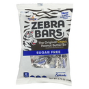 A clear plastic bag of Zebra Bars, featuring a cartoon zebra on the front, labeled as "Sugar Free" and "The Original Crunchy Peanut Butter Bar," with individual bars visible inside.