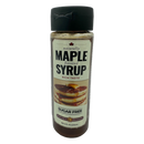 A clear bottle of sugar-free maple syrup features a label with bold text stating "naturally MAPLE flavored" and an image of pancakes drizzled with syrup, indicating its rich taste.