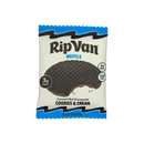 A package of RipVan Wafels featuring a cookies and cream caramel-filled stroopwafel, displaying nutritional information with 3 grams of sugar and 6 grams of fiber.