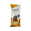 A packaged product featuring Lily's Peanut Butter Cups in milk chocolate style, displaying two chocolate cups with a peanut butter filling, labeled with "No Sugar Added" and nutritional information.