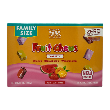 A colorful box of ChocZero Fruit Chews, labeled "Family Size," features a variety of flavors including orange, strawberry, and watermelon, with notes about being keto-friendly and gluten-free.