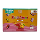 A colorful box of ChocZero Fruit Chews, labeled "Family Size," features a variety of flavors including orange, strawberry, and watermelon, with notes about being keto-friendly and gluten-free.