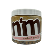 A clear jar of nut butter labeled "n'm" with a brown logo and pink accents, showcasing the product name "nuts n more!" against a black background.