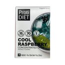 A box of ProtiDiet Cool Raspberry concentrated drink mix displays nutritional information, including 15 grams of protein, 70 calories, and 1 gram of sugar per serving, with seven pouches included.