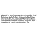 A list of ingredients for a food product, including vine-ripened tomatoes, various vinegars, spices, and flavorings, presented in a clear, organized format on a white background.