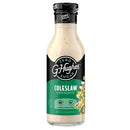 A clear bottle of G. Hughes Zero Sugar Coleslaw Dressing, featuring a black cap and a green label, displays nutritional information and highlights that it is gluten and dairy free.