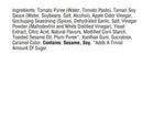 A list of ingredients for a food product, including items like tomato puree, tamari soy sauce, and gochujang seasoning, with notes on allergens such as sesame and soy.