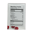A nutrition facts label displays detailed information about a food product, including calories, serving size, and nutrient contents, with raspberries visible at the bottom.