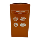 A bright orange box labeled "Cappuccino Classic" features four icons highlighting its benefits: high protein, low calorie, low sugar, and low carb.