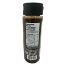 A clear bottle with a black cap displays nutrition facts, including serving size, calories, and ingredients, for a syrup product labeled with details on sugars and other nutritional information.