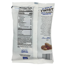 The back of a snack package displays nutrition facts and ingredients for a peanut butter candy, highlighting its low-calorie content and use of Splenda as a sweetener, with a promotional message at the top.