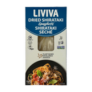 A blue and white package of Liviva dried shirataki spaghetti displays the product name, vegan and halal symbols, and a suggested serving of spaghetti with sauce and basil on the bottom.
