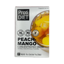 A box of ProtiDIET Peach Mango concentrated drink mix, featuring a glass of the drink, with details about protein, calories, and sugar content prominently displayed on the packaging.