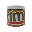 A close-up of a jar of "Nuts n More" nut butter, featuring a white lid and a label with bold brown and red text, set against a black background.