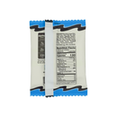 A nutrition label on a packaged snack, featuring details about ingredients, calories, and nutritional values, with a blue and black design at the top and a white background.