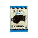 A box of RipVan Cookies & Cream Wafels featuring a caramel-filled stroopwafel, displaying nutritional information including 3g sugar, 6g fiber, and 130 calories per serving.