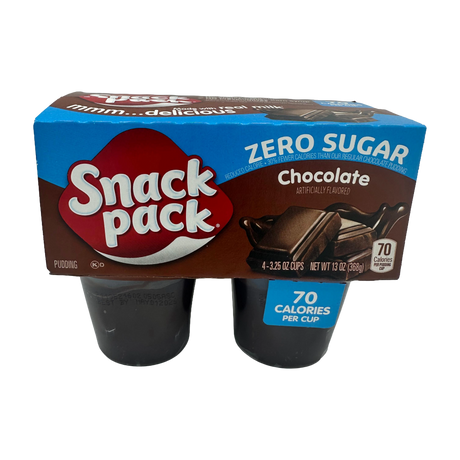 A pack of four chocolate-flavored Snack Pack pudding cups, labeled "Zero Sugar," with a total weight of 13 ounces, highlighting 70 calories per cup.