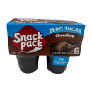 A pack of four chocolate-flavored Snack Pack pudding cups, labeled "Zero Sugar," with a total weight of 13 ounces, highlighting 70 calories per cup.