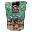 A resealable bag of Second Nature Keto Crunch Smart Mix, featuring a blend of roasted almonds, pecans, walnuts, and pepitas, with labels highlighting low net carbs and no added sugar.
