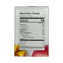 A nutrition facts label displays detailed information about a product, including calories, fats, carbohydrates, sugars, and protein, with colorful fruit images at the bottom.