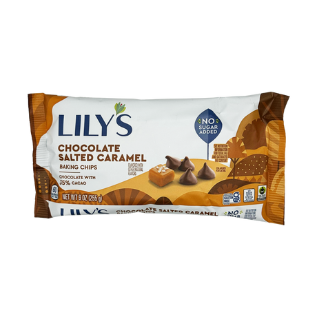 A package of Lily's Chocolate Salted Caramel Baking Chips features a colorful design with the product name, a no sugar added label, and an illustration of chocolate chips and caramel pieces.