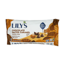 A package of Lily's Chocolate Salted Caramel Baking Chips features a colorful design with the product name, a no sugar added label, and an illustration of chocolate chips and caramel pieces.