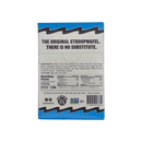 A blue and white box displays the back of a Stroopwafel package, featuring ingredient details, nutrition facts, and the text "THE ORIGINAL STROOPWAFEL. THERE IS NO SUBSTITUTE."