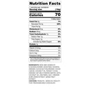 Nutrition facts label lists serving size, calories, and detailed nutritional information, including fats, carbohydrates, sugars, protein, and ingredients for a food product.