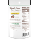 A resealable bag of Russell Stover Sugar Free Chocolate Candy Peanut Gems, featuring colorful candy-coated peanuts, with nutrition facts and serving size details on the back.