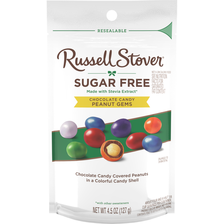 A resealable bag of Russell Stover Sugar Free Chocolate Candy Peanut Gems displays colorful candy-coated peanuts, highlighting the product's sugar-free feature made with stevia extract.
