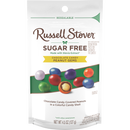A resealable bag of Russell Stover Sugar Free Chocolate Candy Peanut Gems displays colorful candy-coated peanuts, highlighting the product's sugar-free feature made with stevia extract.
