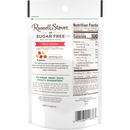 A resealable bag of Russell Stover Sugar Free Fruit Chews, featuring flavors of cherry, strawberry, lemon, and orange, with nutritional information and a serving size of five pieces prominently displayed.