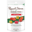 A resealable bag of Russell Stover Sugar Free Fruit Chews, featuring individually wrapped pieces in cherry, strawberry, lemon, and orange flavors, is displayed with colorful candies on a white background.