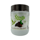 A white container of Stevita Naturals Cocoa Delight cocoa powder features a green logo, a hummingbird graphic, and labels indicating it's fair-trade, non-GMO, and sugar-free.