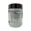 A white container with a brown lid displays nutrition facts and ingredients for a cocoa powder product, highlighting low calories and keto-friendly features, set against a black background.