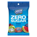A blue bag of Jolly Rancher Zero Sugar hard candy features colorful fruit images, labeled "Original" with flavors like apple, raspberry, grape, and watermelon, and highlights that it contains 0g net carbs.
