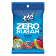 A blue bag of Jolly Rancher Zero Sugar hard candy features colorful fruit images, labeled "Original" with flavors like apple, raspberry, grape, and watermelon, and highlights that it contains 0g net carbs.