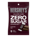 A maroon package of Hershey's Zero Sugar chocolate candy features bold white text, highlighting its zero sugar content and aspartame-free label, with a net weight of 3 ounces.